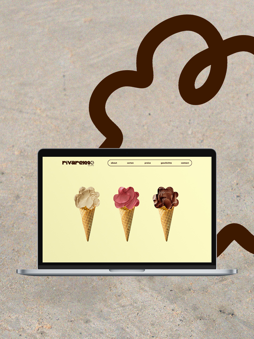 Laptop mit der Website von Rivareno Gelato und drei Eiswaffeln